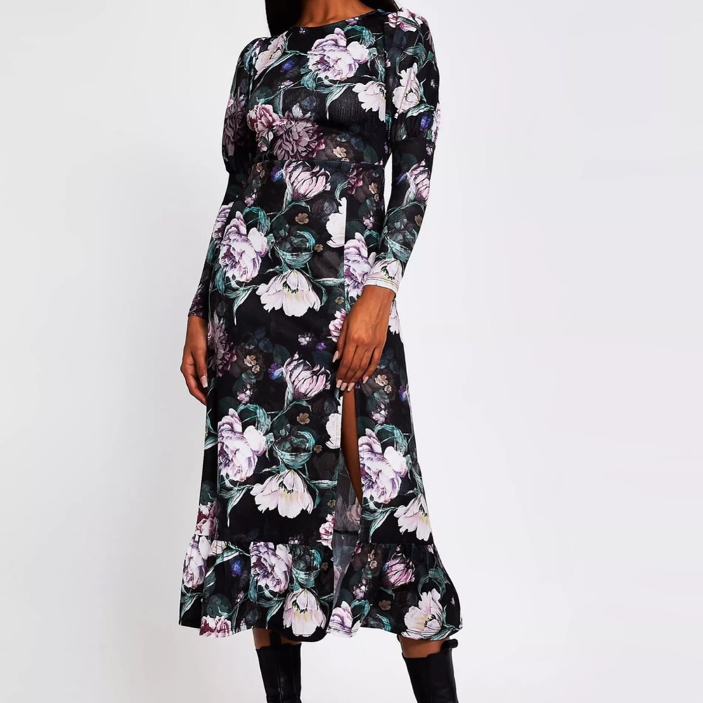 NWT RIVER ISLAND mutton sleeve floral midi dress in black